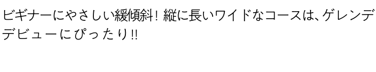 ビギナーにやさしい緩傾斜！縦に長いワイドなコースは、ゲレンデデビューにぴったり!!